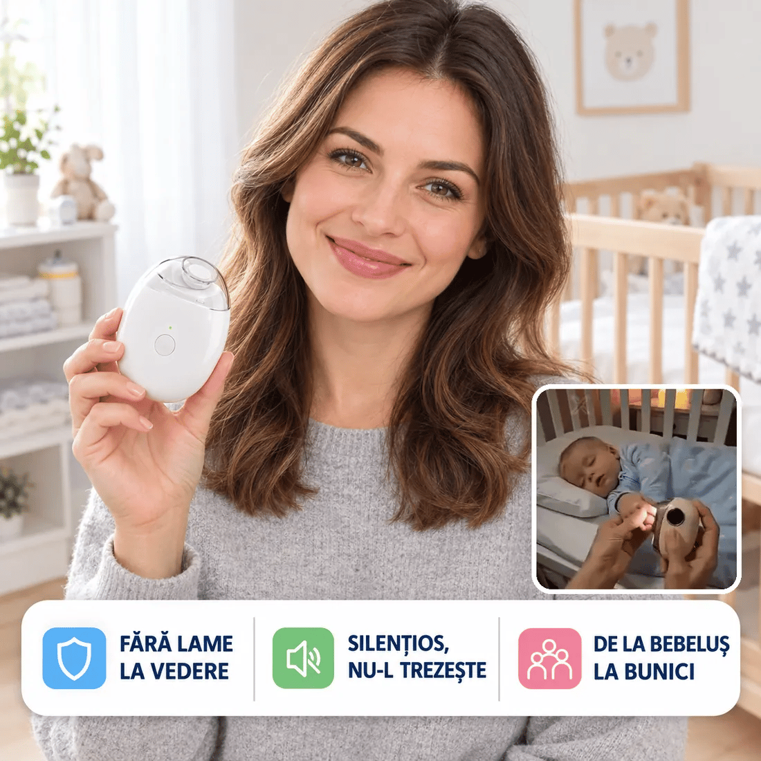 NailCare™ Bebe — Unghieră Electrică Automată | Fără Lame, Silențioasă, cu Lumină LED
