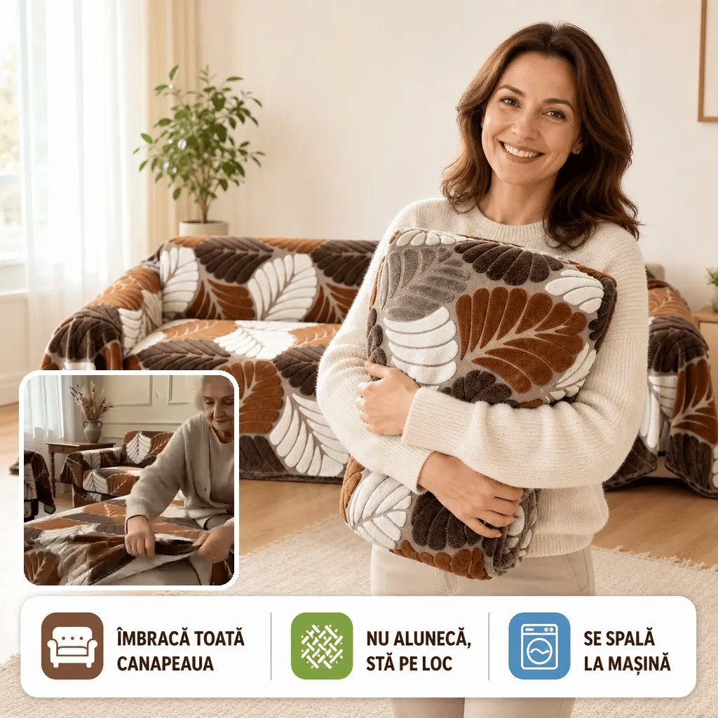 SofaLux™ — Pătură-Husă Pluș pentru Canapea | Model Frunze 3D, Antiderapantă